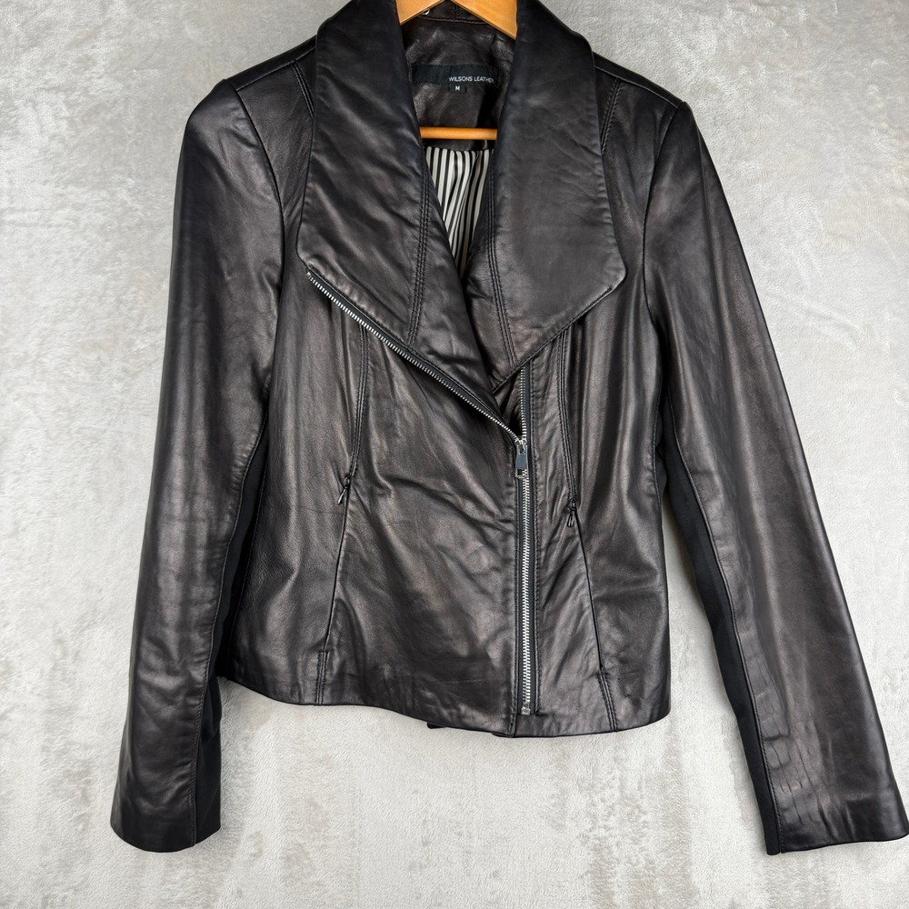 Wilsons Leather Womens Black Moto Jacket Asymmetric Zip Shawl Collar Medium